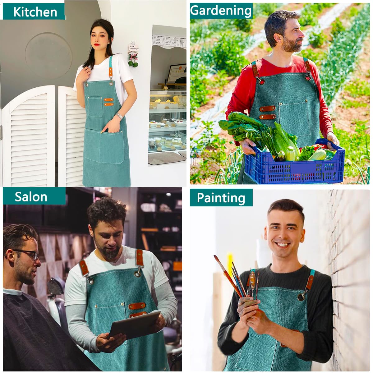 Delantal de Cocina Lienzo (2 Piezas), Delantal de Trabajo con 3 Bolsillos Correa Ajustable Delantale de Barbacoa Impermeable Profesional para Hombre Mujer para Peluquero, Cocina, Jardinero