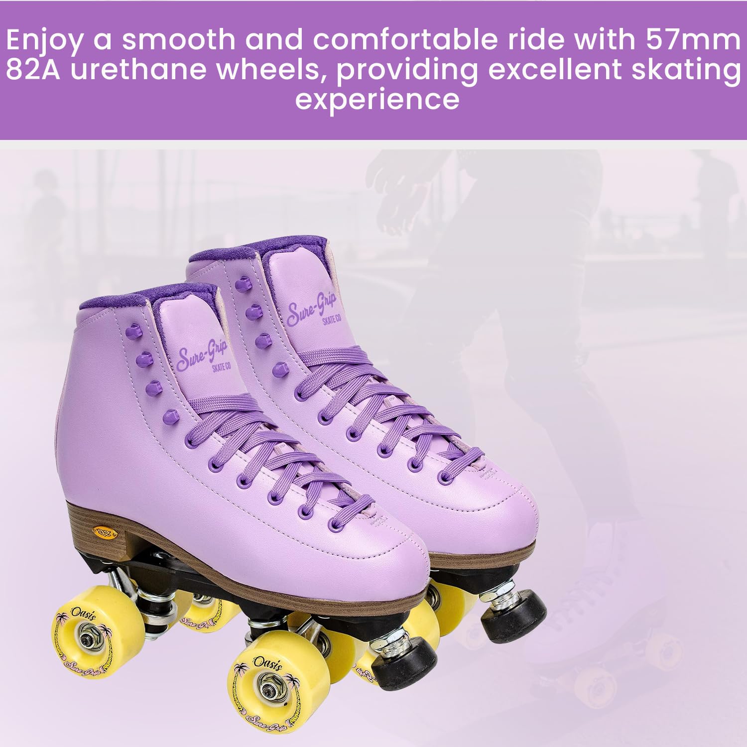 Sure-Grip Oasis Outdoor Roller Skates for Men & Women | High Rebound Soft 57mm 82A Urethane Wheels & ABEC 3 Bearings | Nylon Sole with Strong Trucks - Lace Up Facility - Made in USA (Lavender Color)