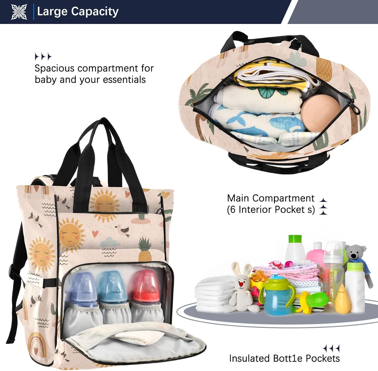Tropical Sun Palm Tree Pattern Diaper Bag Backpack for Baby Boys Girls Multifunction Baby Essentials Travel Tote with Stroller Straps & Bottle Storage Large Travel Diaper Backpack for Baby Shower