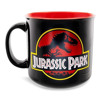 Silver Buffalo Jurassic Park Classic Logo Black Ceramic Camper Mug | BPA-Free Large Coffee Cup For Espresso, Tea | Holds 20 Ounces