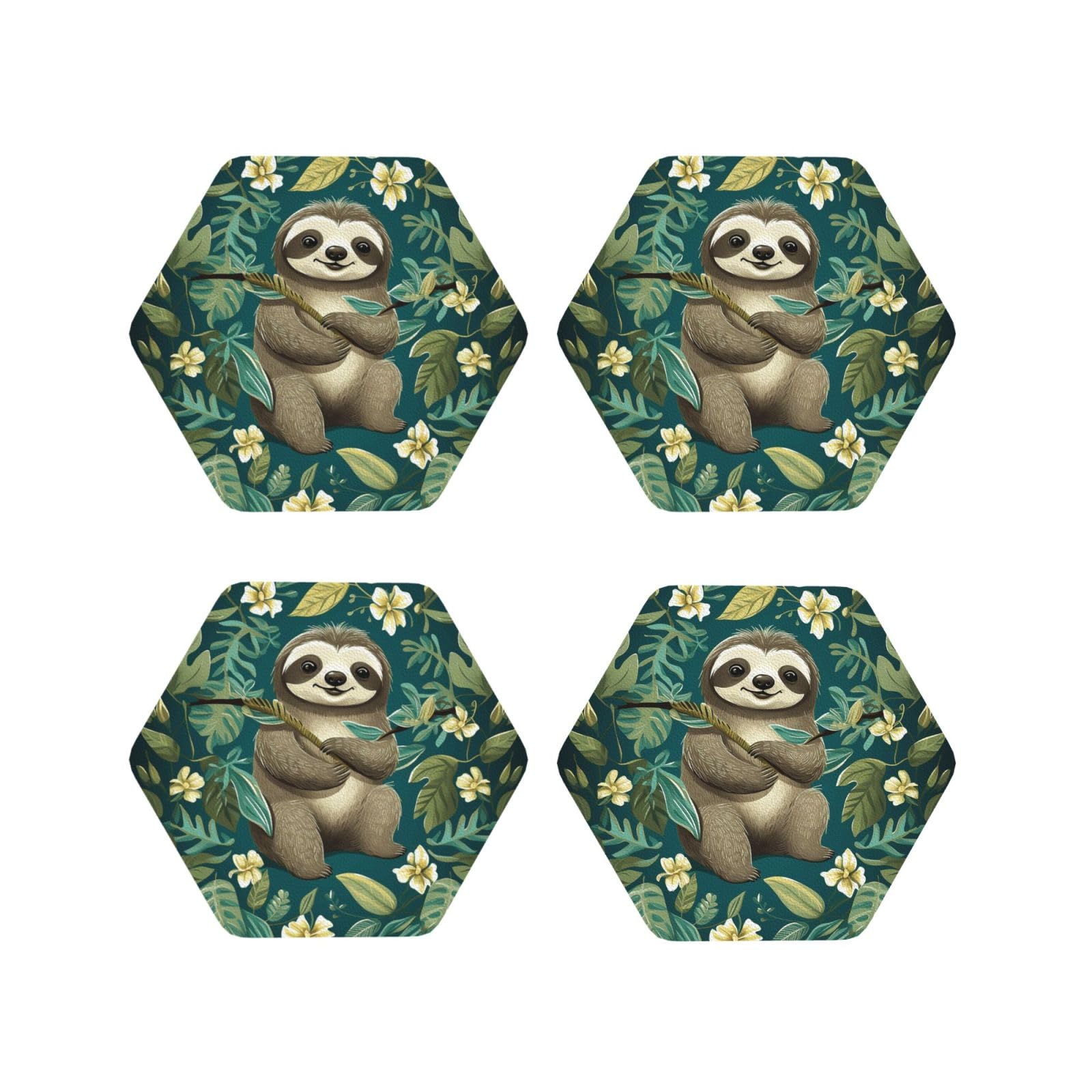 4Pcs PU Leather Coaster for Drinks, Adorable Sloth Cup Coastersr 4" Cup Mat Pad, Aesthetic Drink Coasters for Coffee Table, Hexagon Coaster for Tabletop Protection