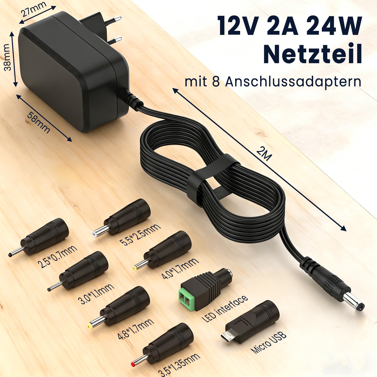 12 V zasilacz sieciowy 2 A AC adapter 200-240 V do DC 12 V 500 mA 1000 mA 1500 mA 2000 mA wtyczka 5,5 x 2,1 mm z 8 wtyczkami DC transformator uniwersalny do oświetlenia LED, zewnętrznego dysku