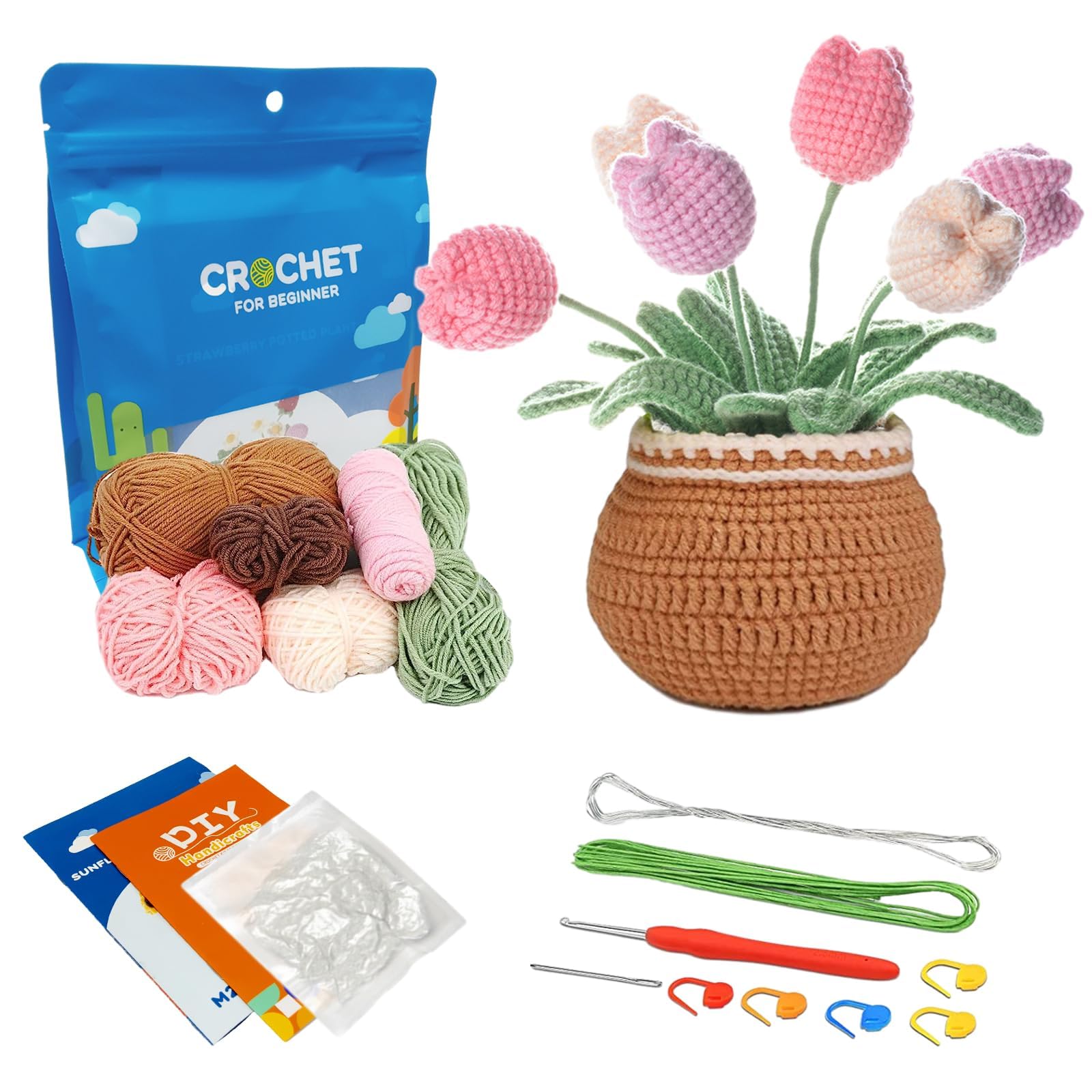 BIGTHREE Beginner Crochet Kit, Crochet Hooks Set for Adults, Flower Potted Complete Crochet Starter Kits Gifts, DIY Beginner Crochet Yarn Kit with Step-by-Step Instruction