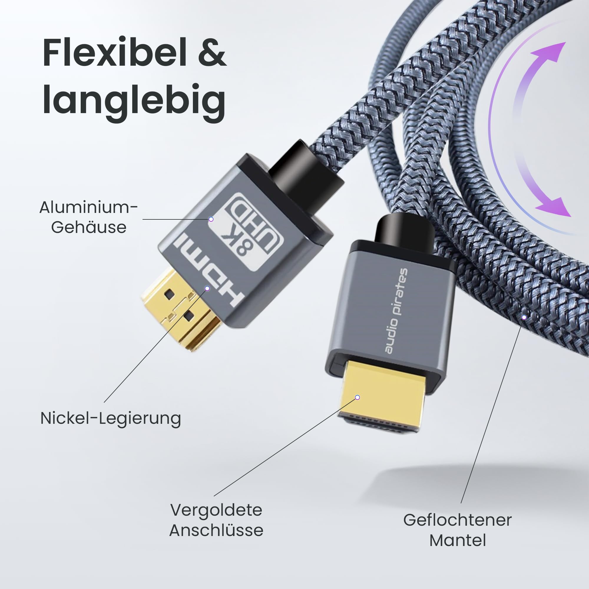 audio pirates Cable HDMI de 10 k/8 K/4K 2.1 (5,0 m) 48 Gbit/s | Certificado Ultra High Speed | 10/8 K @ 60 Hz, 4 K @ 240 Hz | eARC | HDR10+ | Dolby Vision | Buen conector chapado en oro de 24 K |