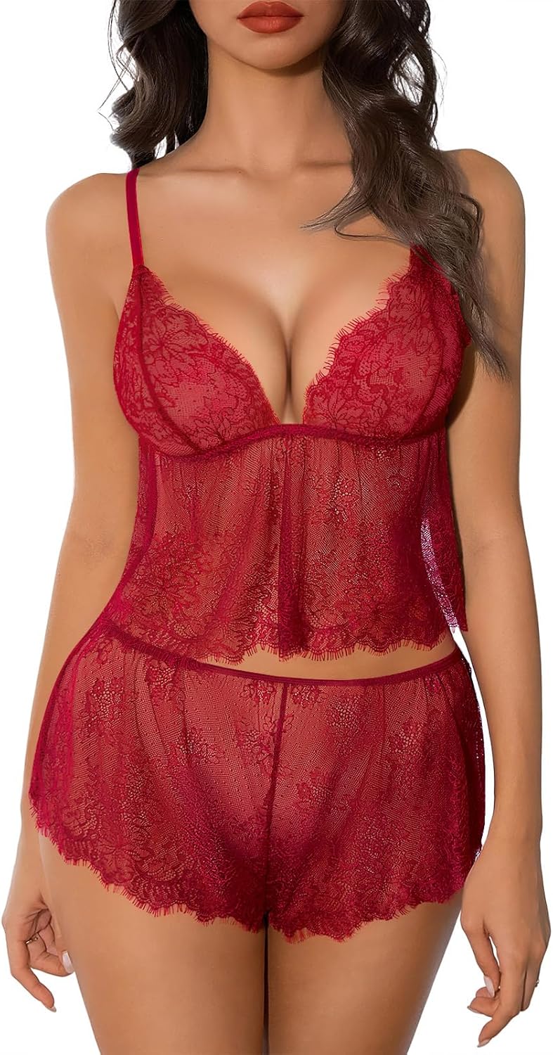 Kolagri Lingerie for Women Sexy Lace Pajamas Set Floral Sheer Sleepwear Mesh See Through Cami Shorts Set