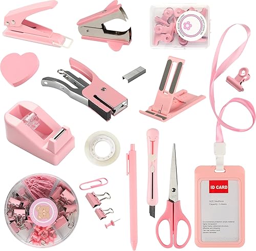 Miniatura 1 de Kit de accesorios de escritorio rosa, juego de suministros de oficina, grapadora y removedor de grapas, soporte para tarjetas de identificación,