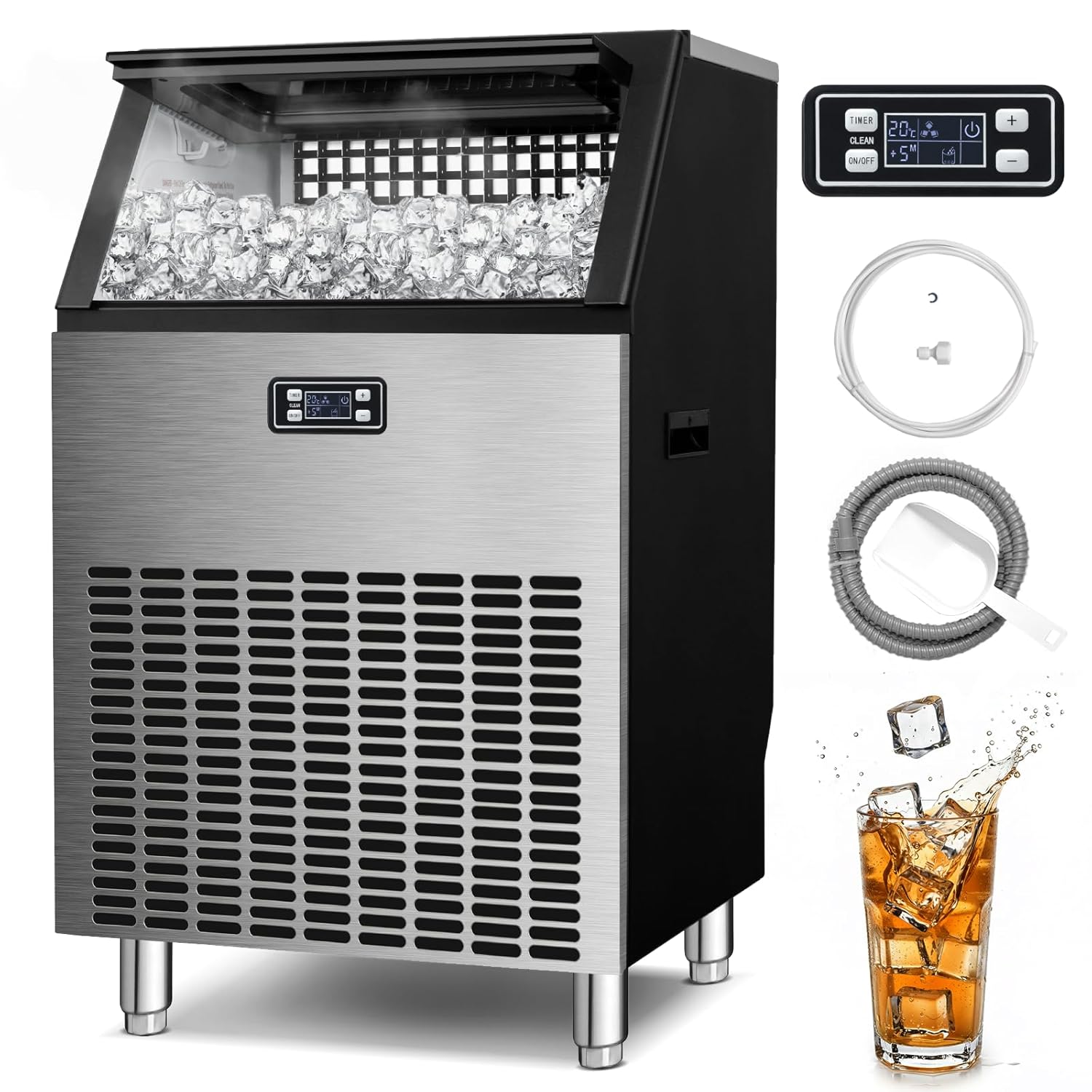 Kismile Commercial Ice Maker, 200 lbs/24 Hour Freestanding Nugget Ice Maker, 55 lbs Storage Bin, Complete Heavy Duty Stainless Steel Construction, Home Bar, Coffee Shop Ice Maker Machine
