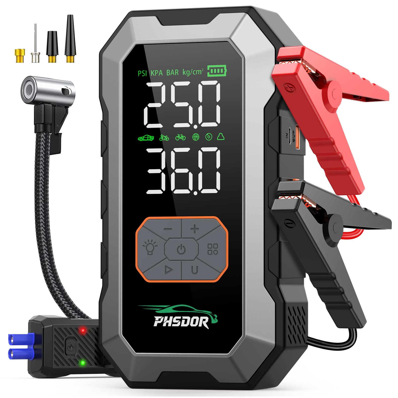 8000A Starthilfe Powerbank mit Kompressor 150PSI, 25000mAh Auto Starthilfe Powerbank für Pkw (Bis Zu All Benzin Oder 10,0L Diesel), Jump Starter Auto mit LED Taschenlampe, Silber