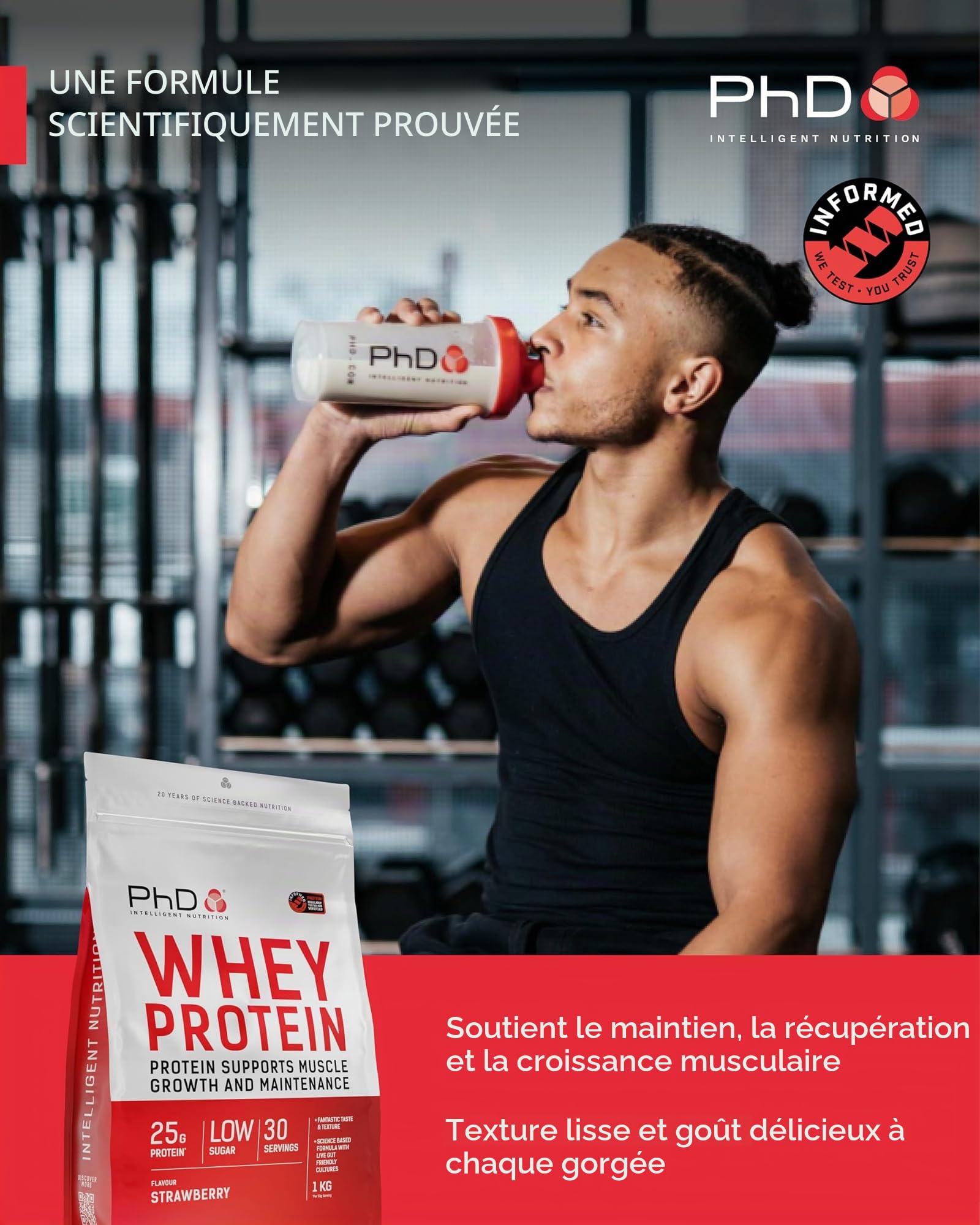 PhD Nutrition Poudre de Protéine de Lactosérum 1kg Fraise – avec 25g de Protéines Informed par Portion, Enrichi de Cultures Bien Tolérées