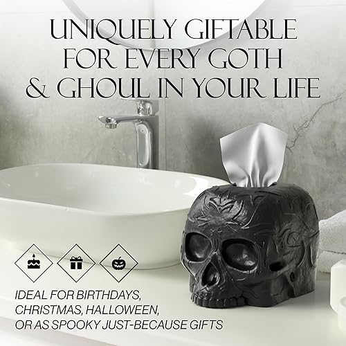Miniatura 5 de Funda para caja de pañuelos de calavera gótica, soporte cuadrado pesado, no se moverá al tirar de un pañuelo, decoración negra para el hogar y el