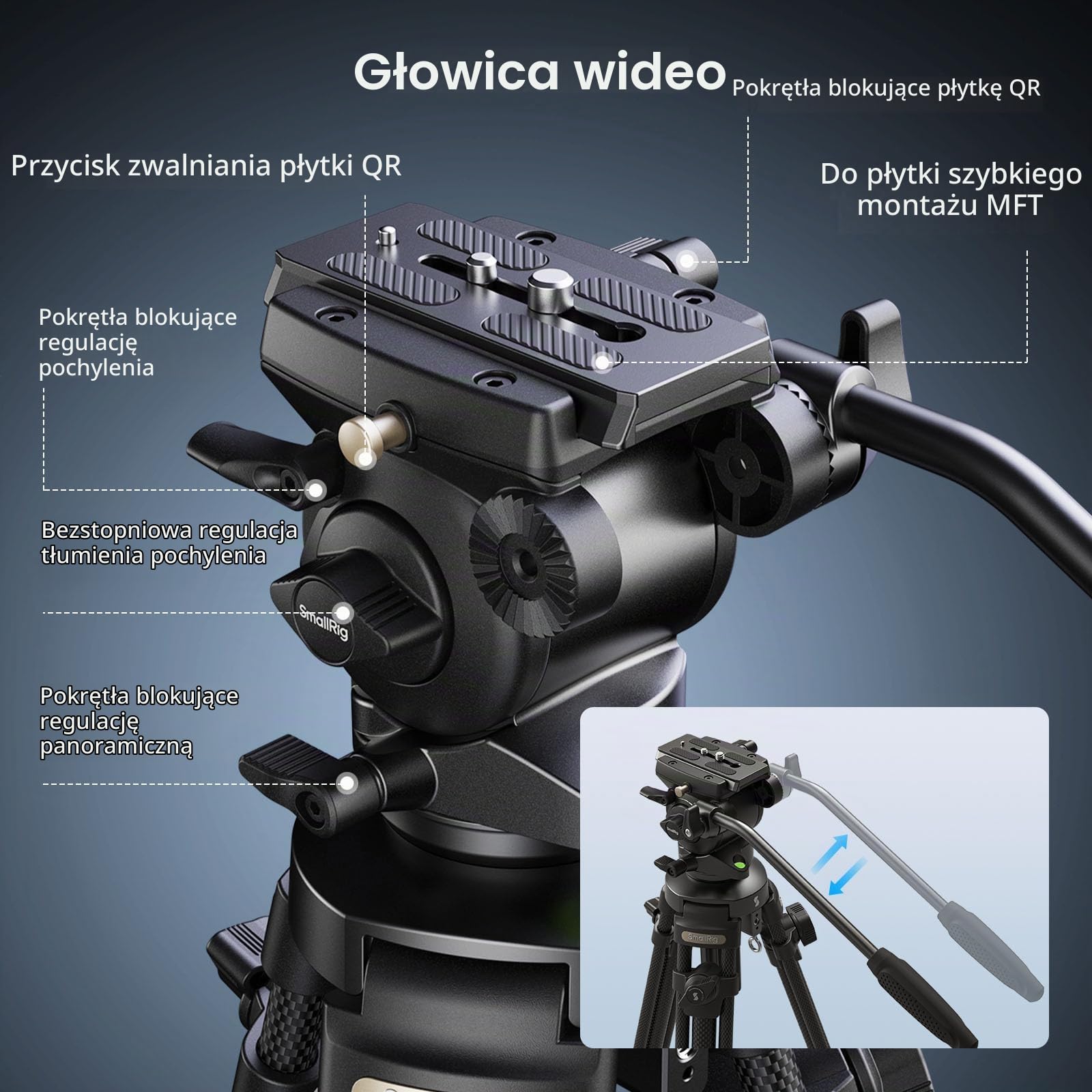 SMALLRIG Lightweight Carbon Fiber Video Tripod Kit with Step-Less Damping Fluid Head, 64" Statyw do Aparatu z Odłączanym Uchwytem, ​​Płytka QR, Lina do Podnoszenia,Obciążenie 13,2 Funta do Kamery 4685