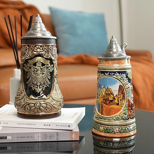 Miniatura 4 de Taza de cerveza alemana Frankfurt Oktoberfest Baviera Muchen Viking Tankard con tapa Petwer para hombres amantes regalos padre 0.6 litros