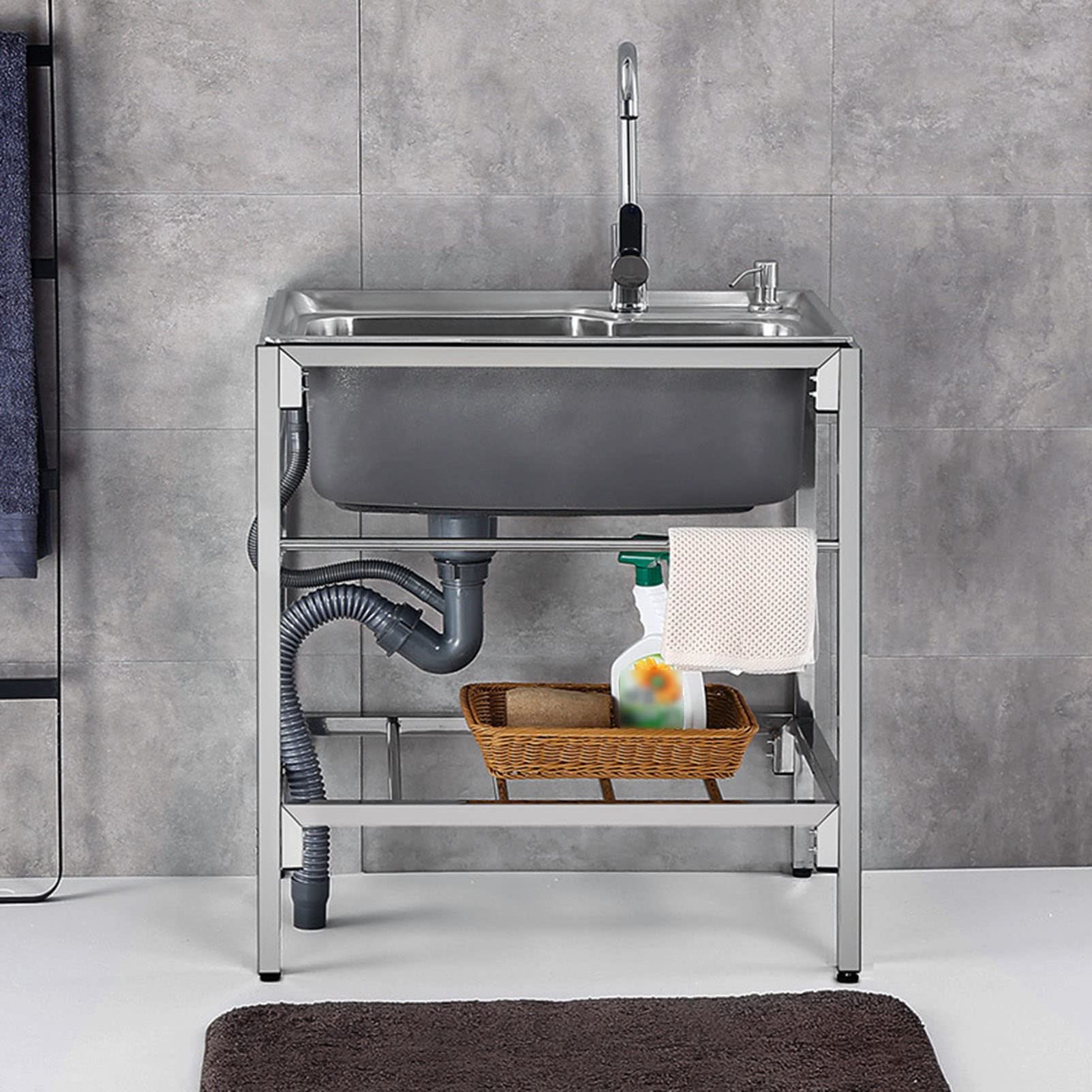 Fregadero de pie al aire libre de doble tazón de acero inoxidable con grifo, estante de almacenamiento portátil para cocina, restaurante, garaje, lavandería,72cmx45cmx85cm