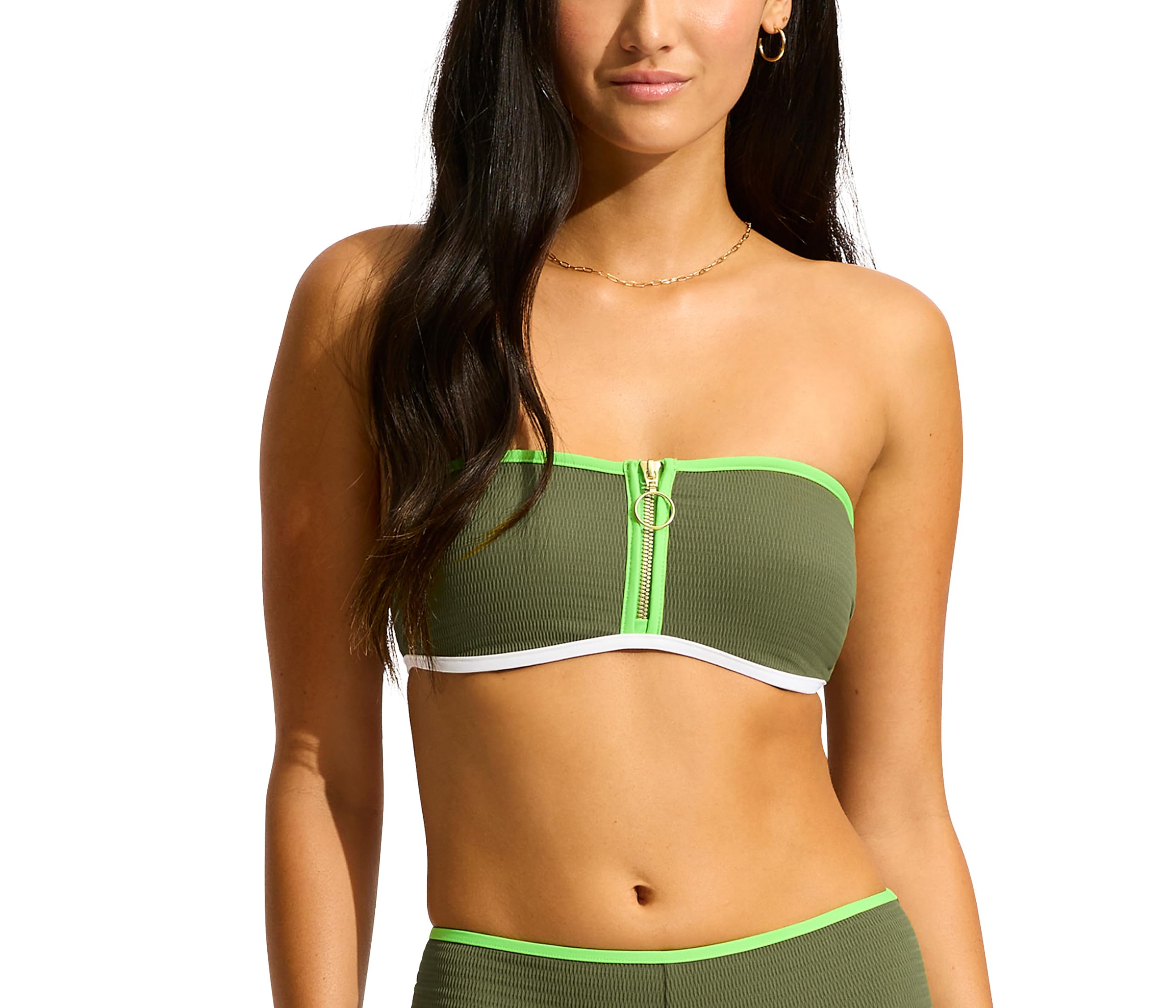 Seafolly Women's Bandeau Bustier Bikini Swimsuit Top with Zip Front Detail, Beach Bound Khaki, 8