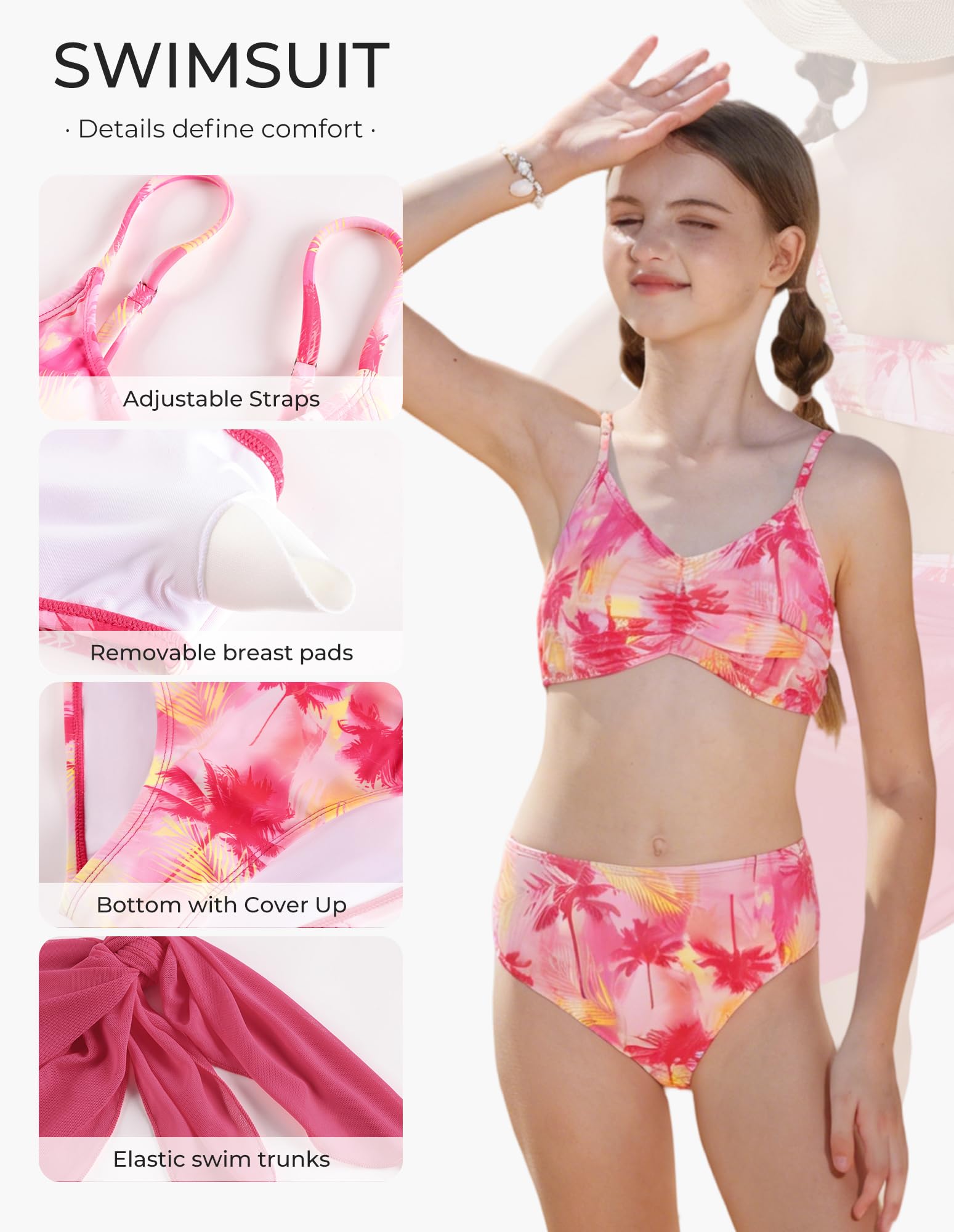 GRACE KARIN Strój kąpielowy dla dziewcząt, 3-częściowy zestaw z górną częścią bikini, kąpielówkami i sarongiem, do pływania i sportów wodnych