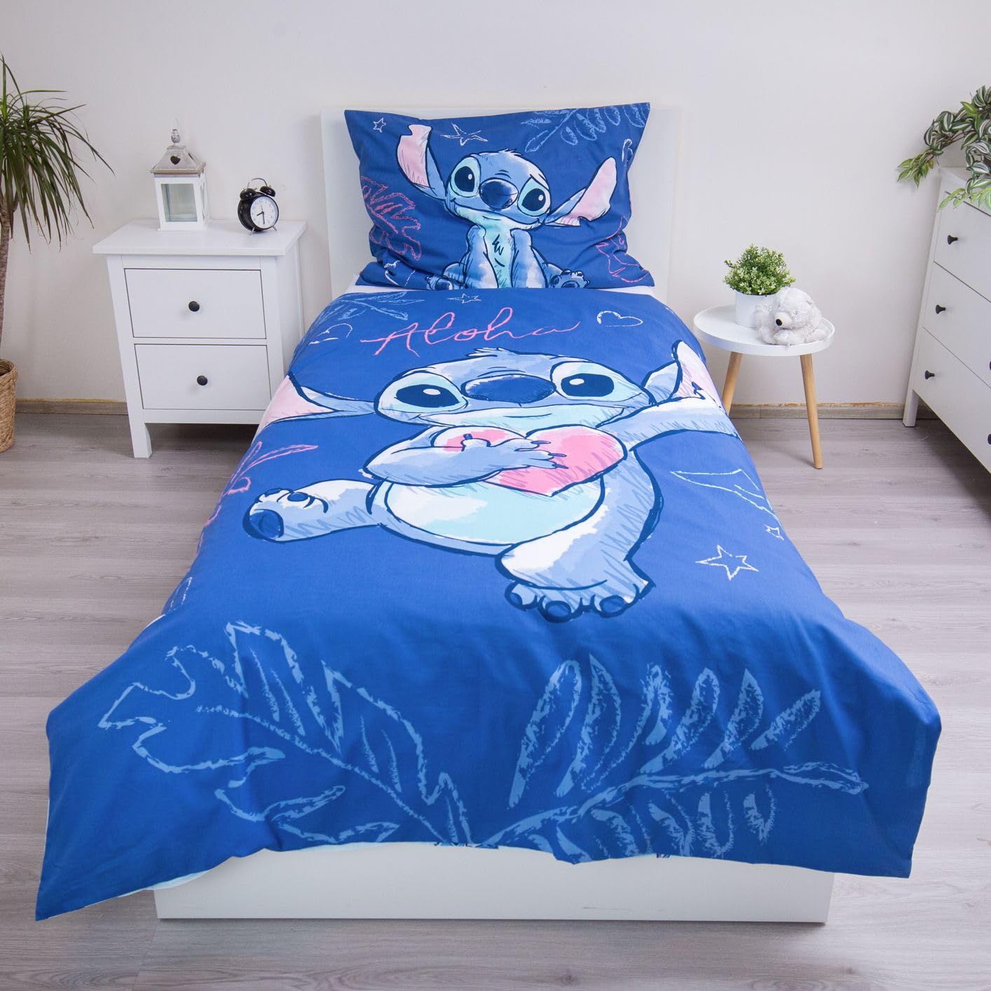 Stitch Aloha Pościel 140x200 + Poszewka Bawełna Niebieska Dziewczynki | Odwracalna pościel jednoosobowa | Bawełna naturalna oddychająca Oeko-Tex | Lilo & Stitch | Nastolatki | Do prania w pralce