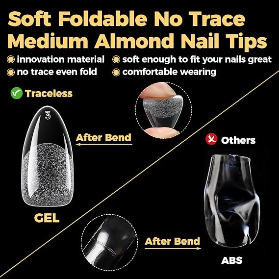 UNA GELLA 600 Pcs Almond Gel Nail Tips, Pre Etched Medium Almond Nail Tips, 12 Sizes Full Cover Fake Clear Press On Nails for Flat & Curved Nails Bed Extension Home DIY Salon
