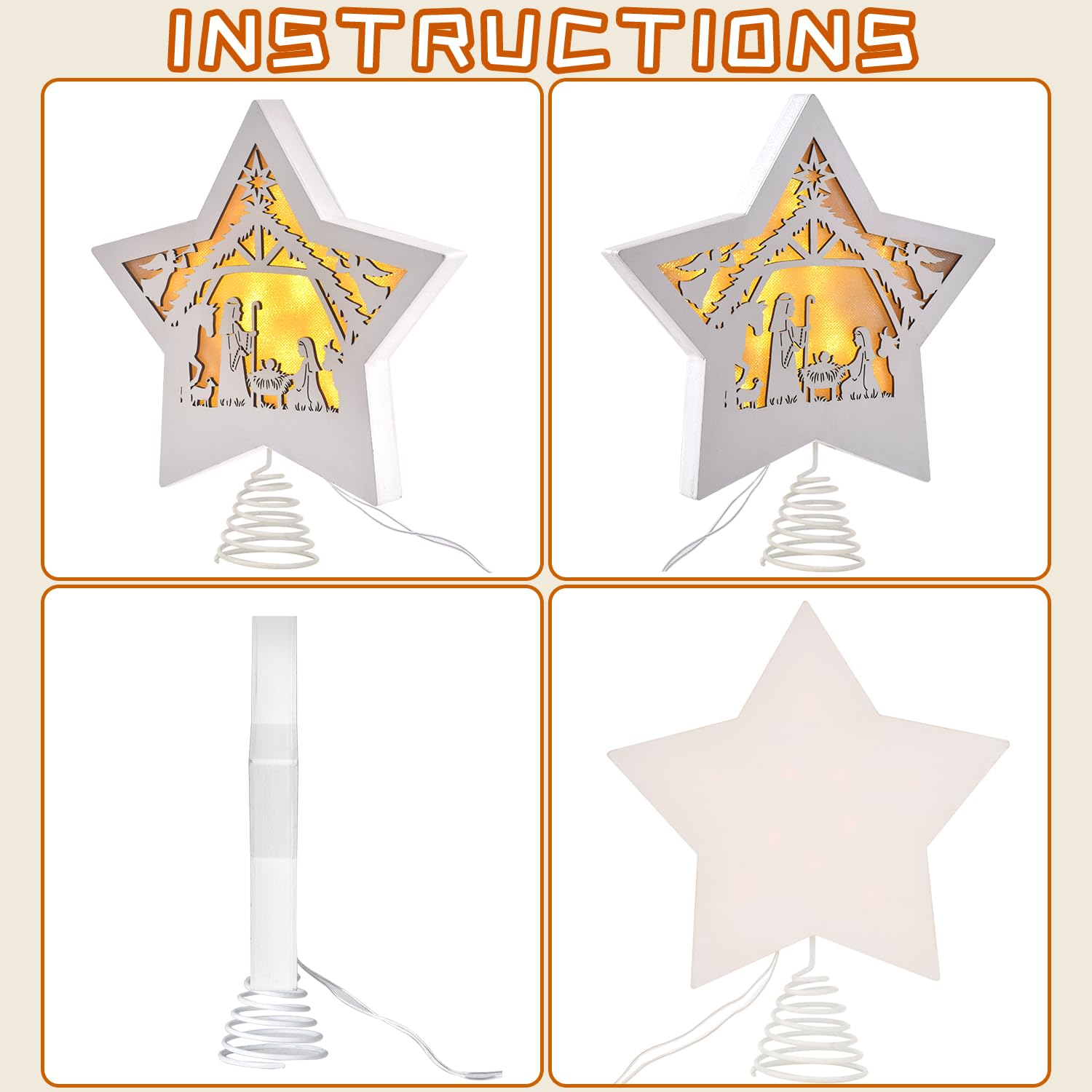GHOSTMAGIC Étoile pour cime de sapin de Noël - 20 x 23,5 cm - Étoile en bois avec 3 modes d'éclairage LED - Décoration pour Noël, bar, boutique, bureau, décoration d'intérieur (blanc)