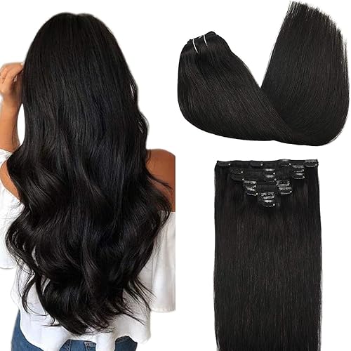 GOO GOO 14 Inch Clip in Hair Extensions Human Hair Natural Black 7pcs 120g Remy Hair Extensions Clip in Human Hair Straight Real Human Hair Extensions for Women