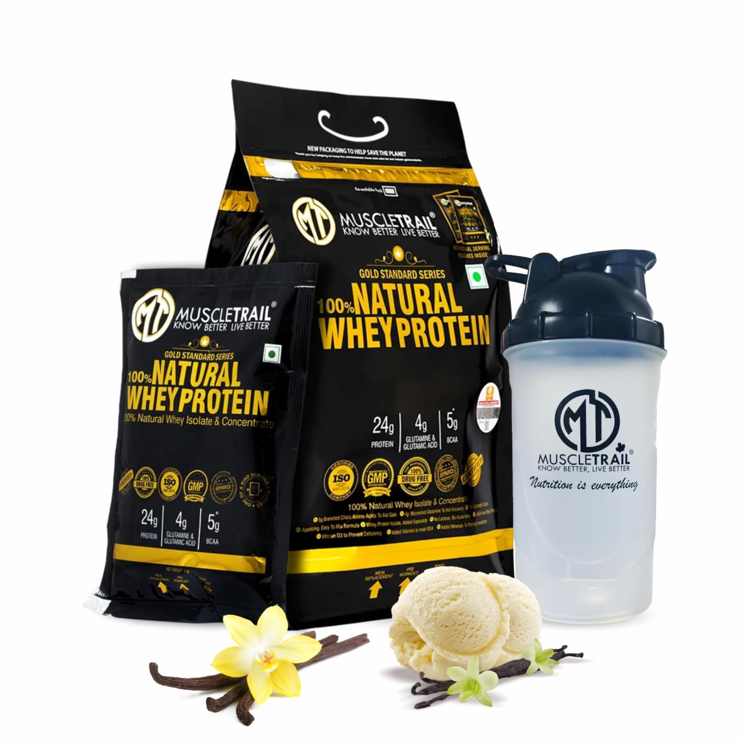 MuscleTrail Gold St&ard Series,60 Pouches,Low Carb & Fat,24 grams Natural Whey Protein Powder,Shaker Inside (1.86Kg,Kulfi Pista) — Amazon image 15