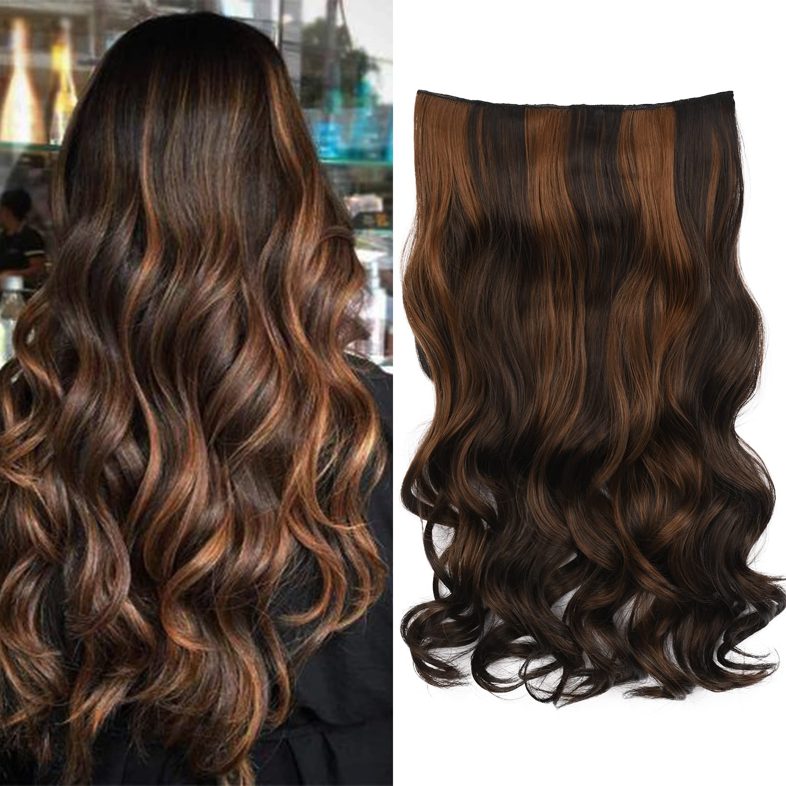 REECHO 16" 1-Pack 3/4 Full Head Curly Wavy Clips in on Synthetic Hair Extensions HE008 Hairpieces for Women 5 Clips 3.9 Oz per Piece - Dark Brown with