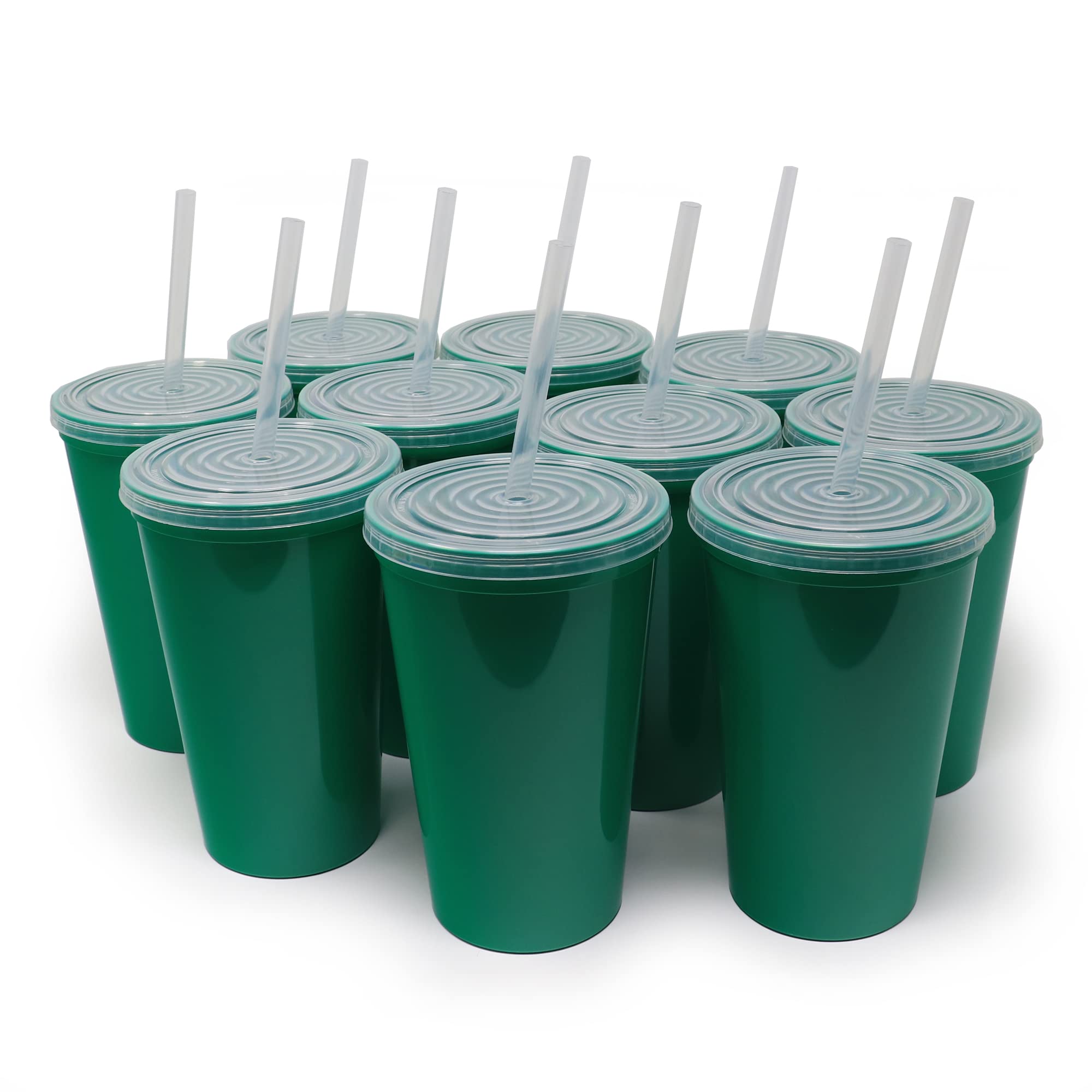 Rolling Sands 22 oz Reusable Plastic Cups with Lids, 10 Pack, USA Made Green Tumblers; Includes 10 Reusable Straws; Dishwasher Safe