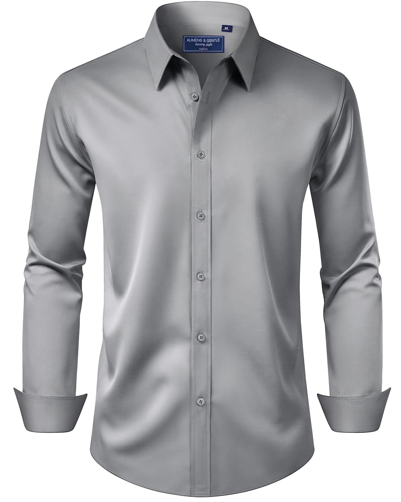 Alimens & Gentle Men's Dress Shirt Regular Fit Stretch Stain Shield Long Sleeve Solid Business Wedding Button Down Shirts, Grey, Large