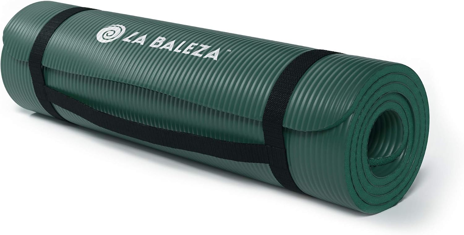 La Baleza Yoga Mat, 3/8 Inch ExtraThick Exercise Mat for Yoga, Pilates and Personal Fitness, Ridged Rubber Surface for Non-Slip Grip, Includes Carrying Travel Strap, Multiple Colors