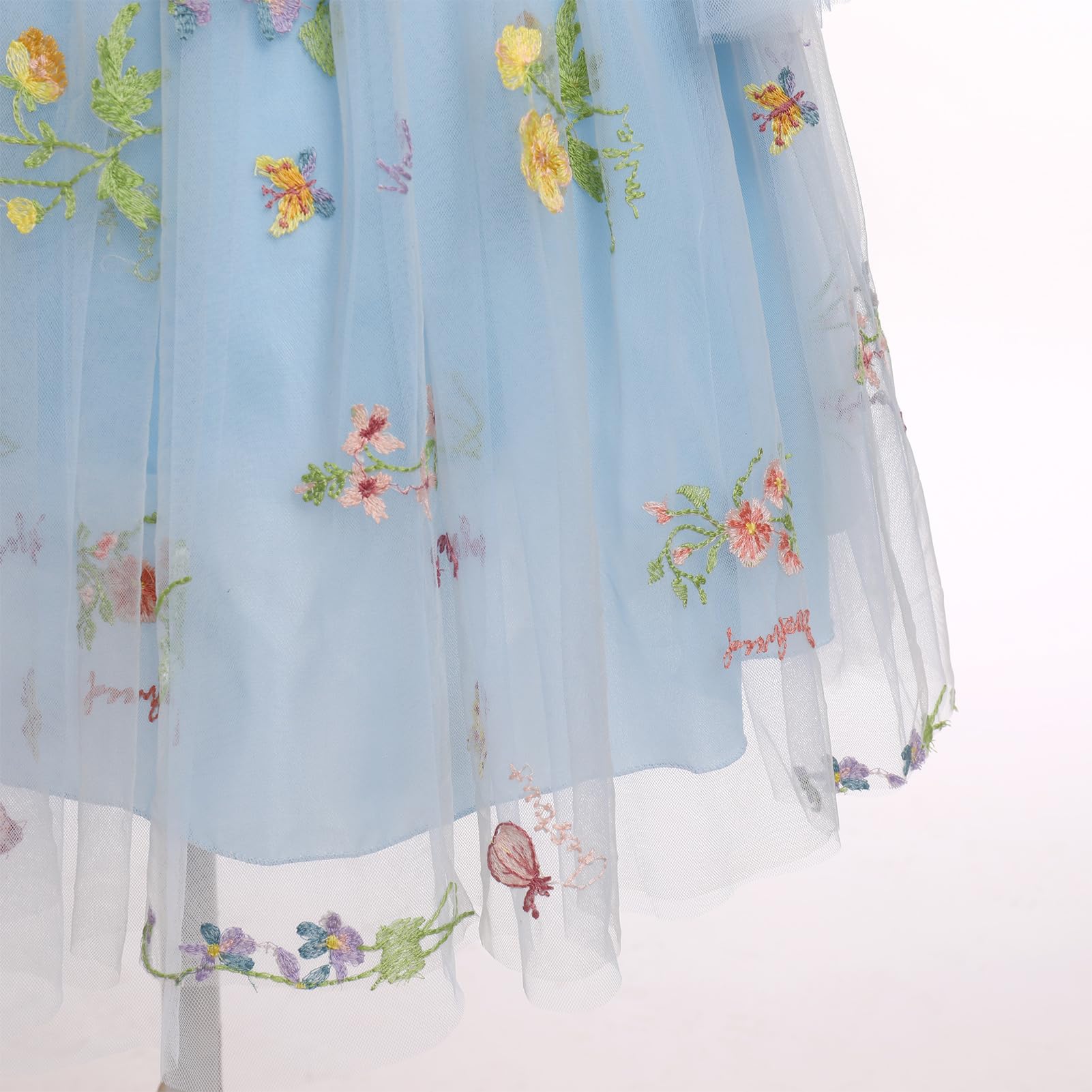 ABEHIK Robe de Fête d'anniversaire pour Enfants Filles Été avec Bretelles Spaghetti Broderie Floral Ruffle Tulle Poncho Wedding Dress