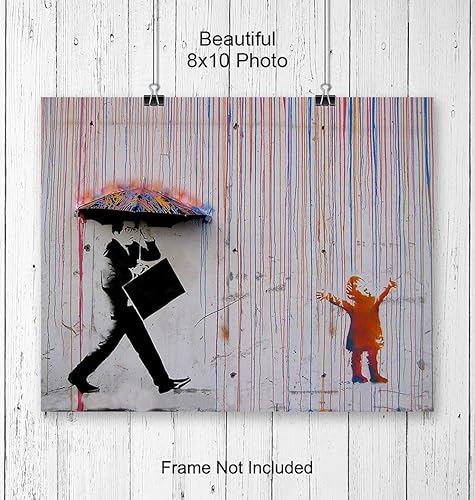 Miniatura 3 de Banksy Child in the Rain Graffiti Street Art - Imagen original de 8 x 10 pulgadas, regalo único y elegante para fanáticos de los murales urbanos,
