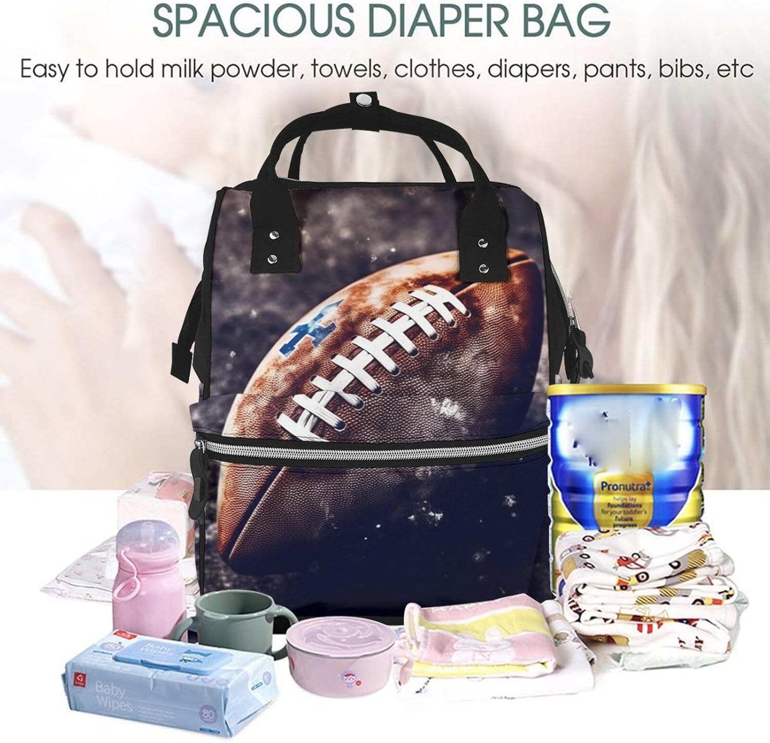 American Football Diaper Bag with Changing Pad, Pacifier Holder - Multifunction Travel Nappy Bags Large Capacity Laptop Backpack Waterproof Mommy Bag Casual Daypack for Mom image 5