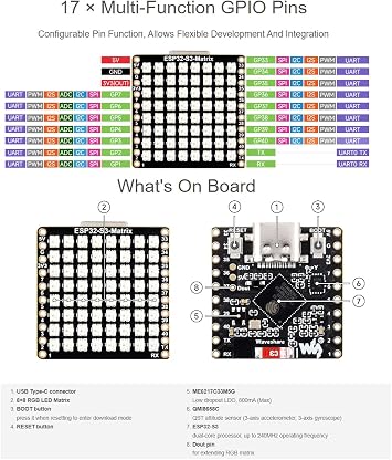 waveshare ESP32-S3 RGB LED Matrix Development Board,Onboard 88 RGB LED Matrix,QMI8658C Attitude Sensor,Adopts ESP32-S3FH4R2 Chip with Dual-core Processor,Supports Wi-Fi,Bluetooth 5 (LE)