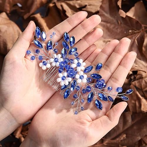 JONKY Peine para el pelo de cristal nupcial con diamantes de imitación, pieza de pelo floral con perlas laterales, accesorios para el cabello de