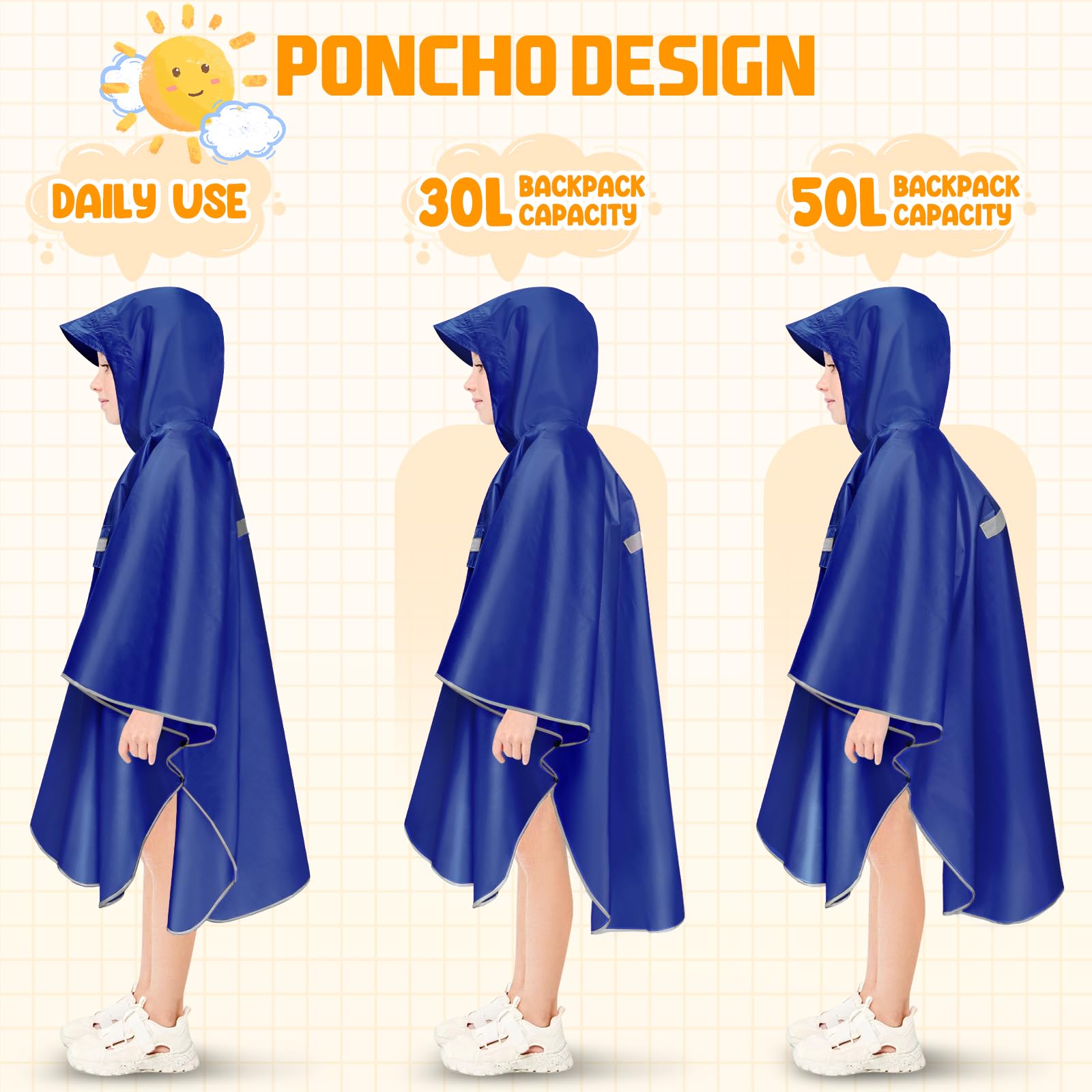 Chubasquero Niño Capa Chuva Criança Ligero Poncho Impermeable Niño Plegable Poncho Lluvia Unisex Chubasquero Niña Poncho Con Rayas Reflectantes Para Infantil 120-140 cm