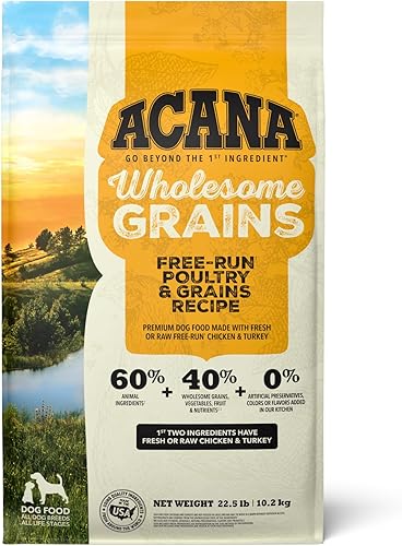 ACANA Wholesome Grains - Alimento seco para perros, aves de corral criadas libremente, pollo y pavo real, huevos de gallinas sin enjaular, sin