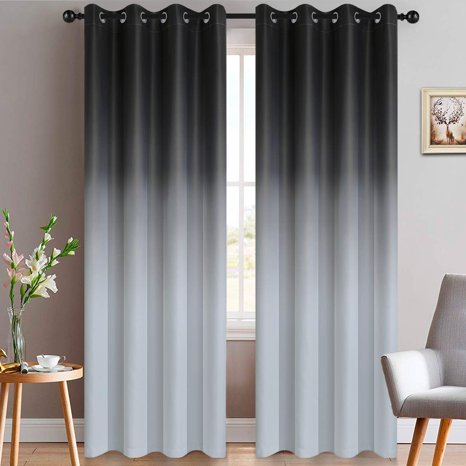 Yakamok 84 Inch Long Room Darkening Ombre Curtains for Bedroom, Thermal Insulated Window Drapes Black and Greyish White Gradient Curtains with Grommet for Living Room(52 Inch Width, 2 Panels) — image 1