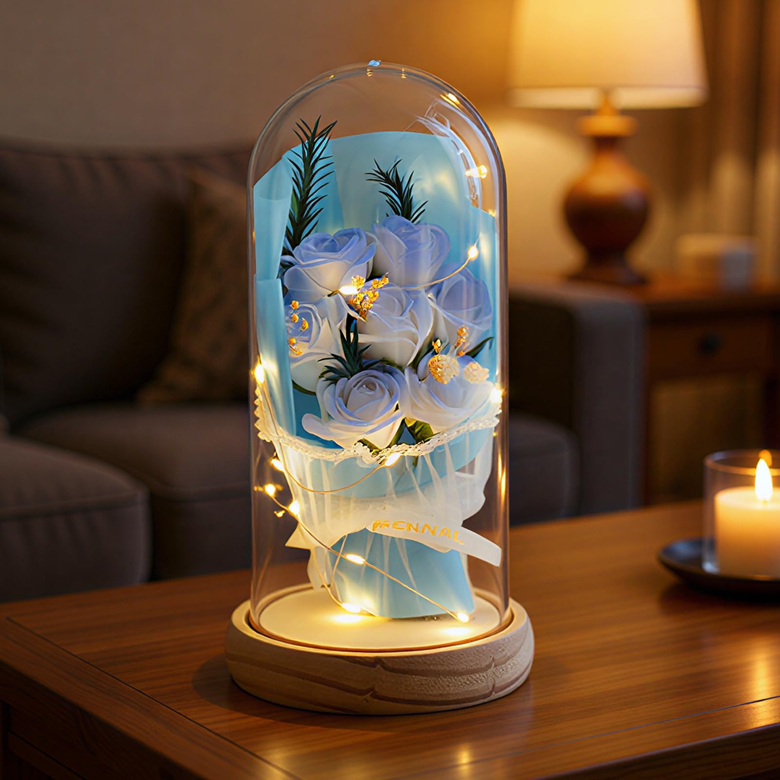 Artificial Eternal Roses in Glass Dome - 7 Silk Flowers with LED Lights, Solid Wood Base | Birthday Gifts for Mum, Grandma, Women | Elegant Anniversary & Home Decor (Upgraded Secure Packaging) — image 1