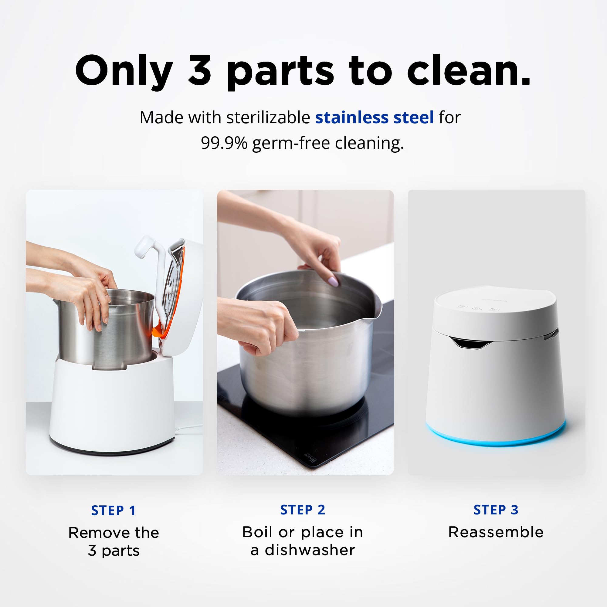 Carepod One Plus - Humidificador de acero inoxidable para habitación grande con luz de humor, silencioso y seguro para el bebé, solo 3 piezas lavables, humidificadores ultrasónicos de niebla fría