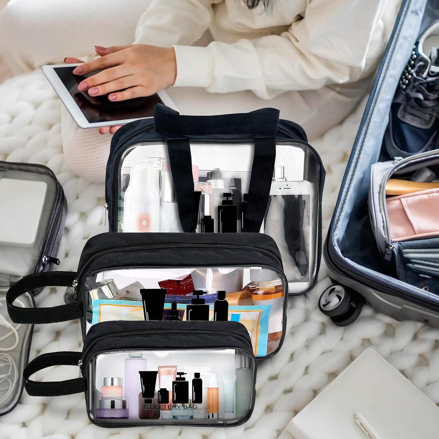 Storite Lot de 3 trousses de toilette transparentes polyvalentes pour homme et femme – Pochette de voyage pour maquillage, trousse de maquillage – Organiseur de voyage pour articles de toilette (noir,