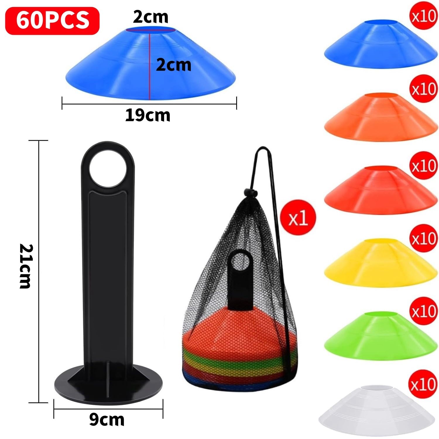LATERN 60 Pièces Plots de Marquage pour Football Cône, 19CM Cônes de Marquage de Sécurité Sportive avec Sac de Transport et Support pour Basketball Soccer Football L'agilité Entraînement (6 Couleurs) - 4