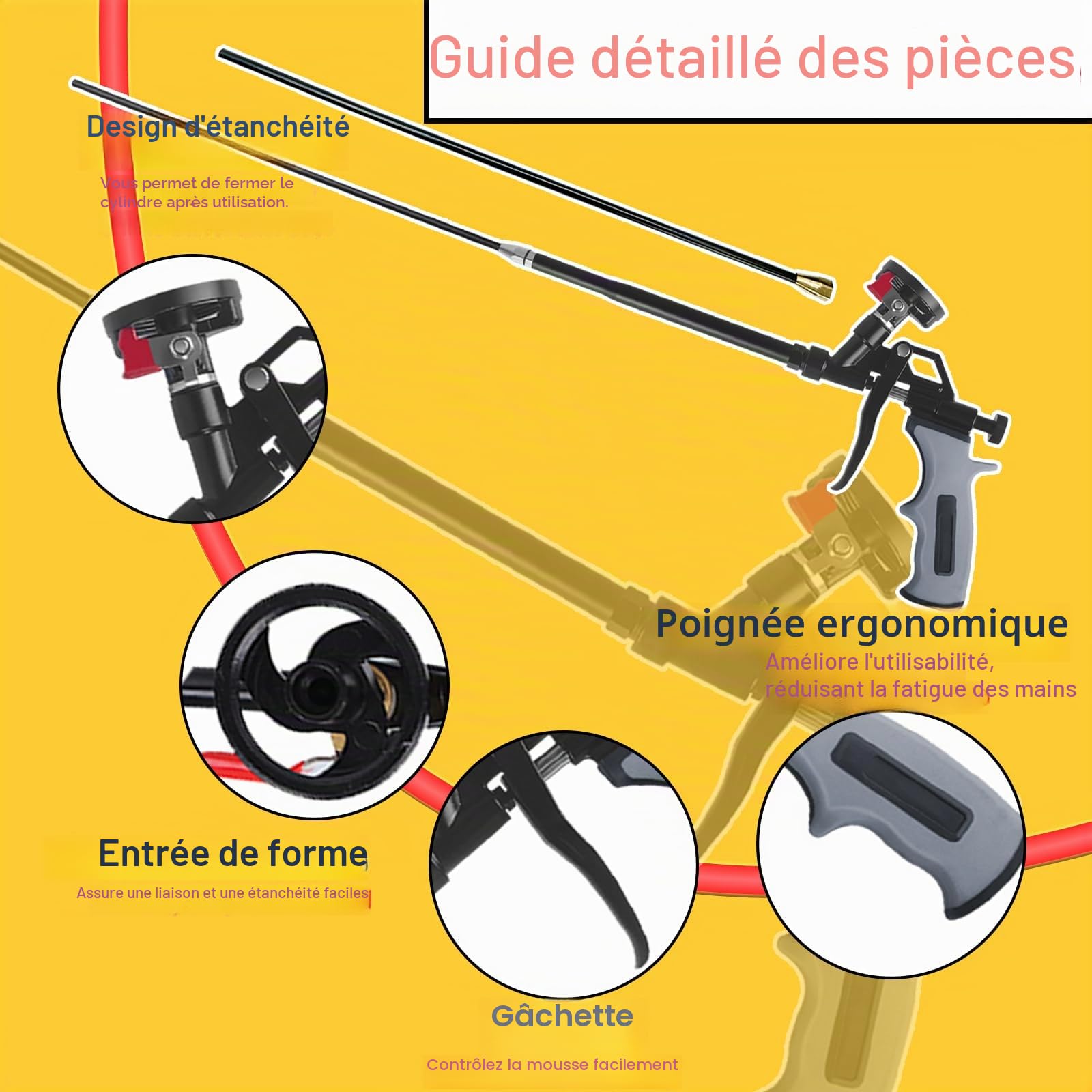 Pistolet à mousse extensible 63cm, pistolet professionnel pour mousse expansée avec revêtement PTFE, applicateur pour calfeutrage, isolation, remplissage, projets DIY (Gris)