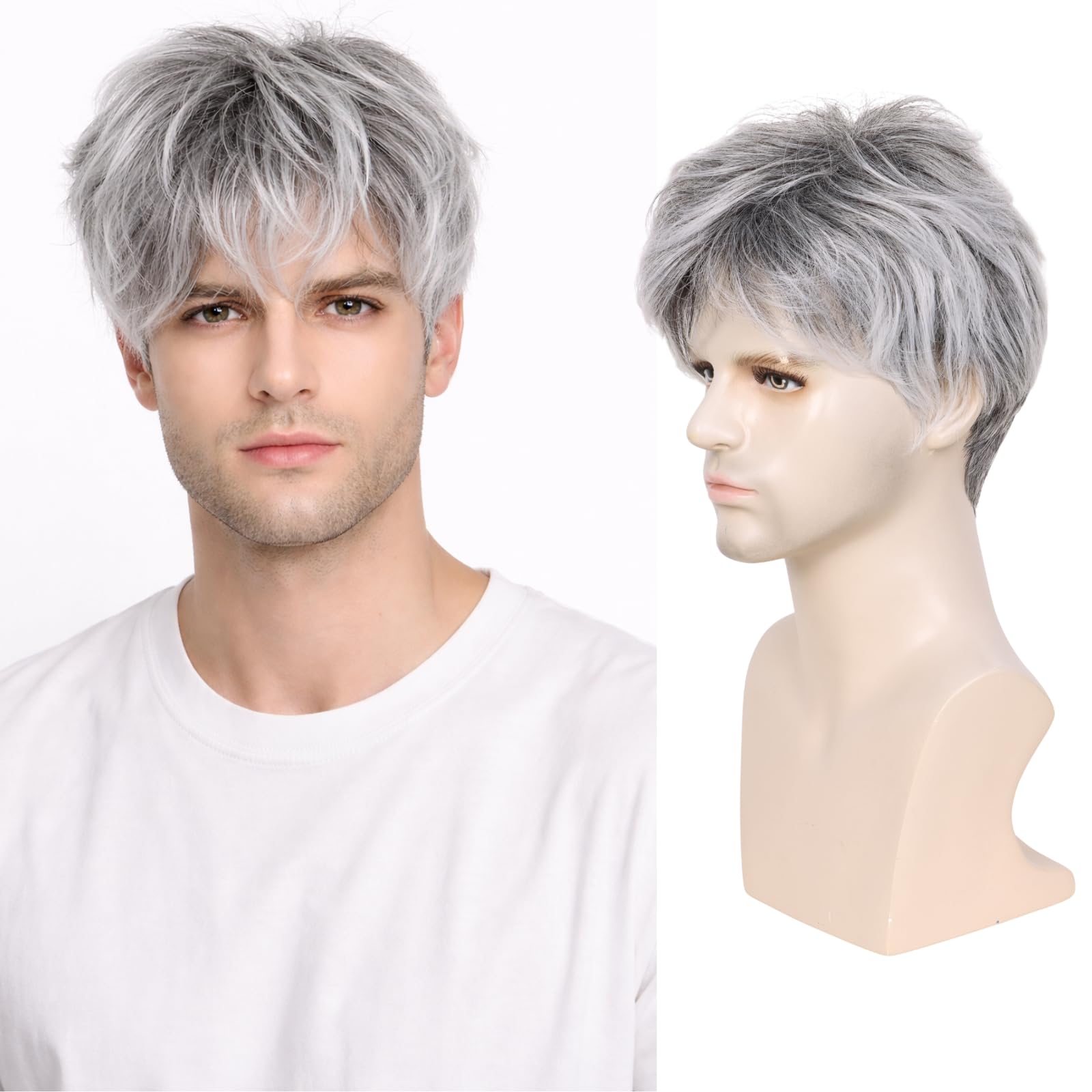 Amazon.com : Creamily Mens Wigs Short Hair Synthetic Layered Full Wig for  Men Short Grey Hair Replacement Wig Realistic Cosplay Costume Wigs with  Toupee Cap : Beauty & Personal Care