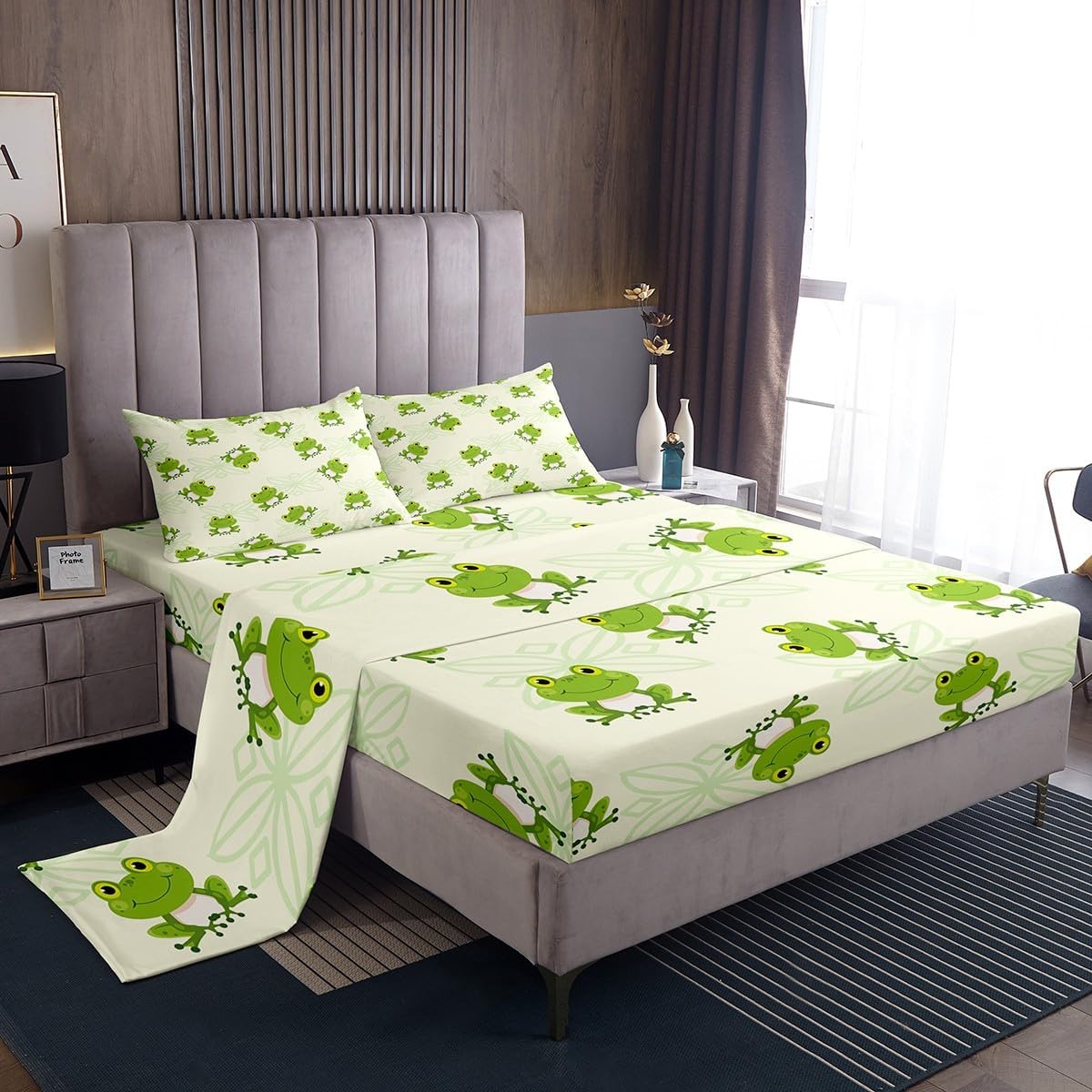 Feelyou Green Frog Sheet Set Queen Size Kawaii Decor Sheets with Deep Pocket Fitted Sheet for Kids Teens Adults Tropical Amphibian Bed Sheets Set Animal Print Bedding Set 4Pcs with 2 Pillow Cases