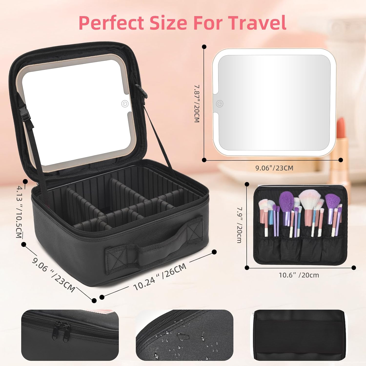Travel Makeup Bag, Portable Makeup Case with LED Mirror, Removable Mirror with 3 Color Modes, 8 Adjustable EVA Dividers for Brushes Toiletry Jewelry Digital Accessories, Solid Black - Image 2