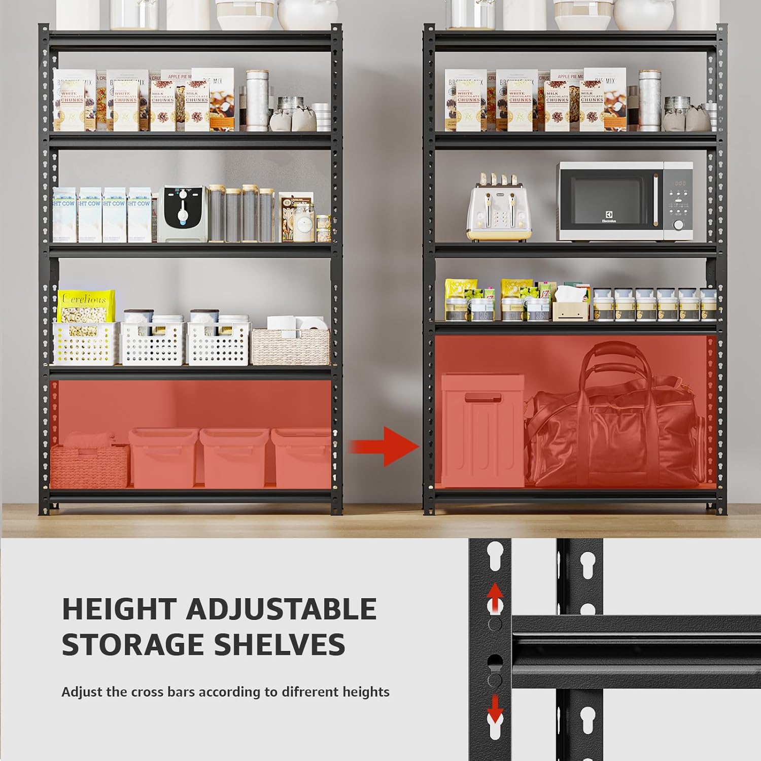 60" H x28 W x12 D: Father&I 5-Shelf-Storage-Rack Metal+Wood Garage/Kitchen Pantry Shelves Steel Utility Stand Shelving Unit Adjustable Heavy-Duty Shed Closet/Attic/Laundry Organizer, Black - Image 8