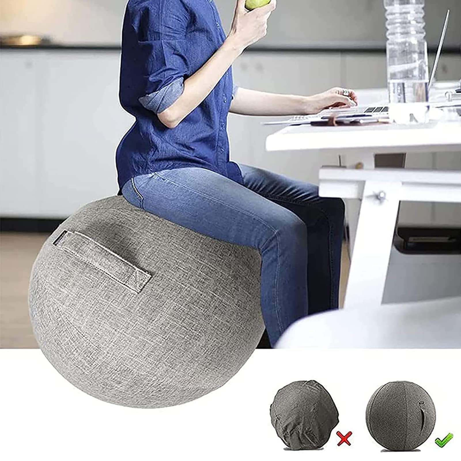 Housse De Protection Pour Ballon De Yoga – 55 Cm, Coton Et Lin, Antidérapante – Anti-poussière Et Transpiration – Bleu Marine/gris/marron