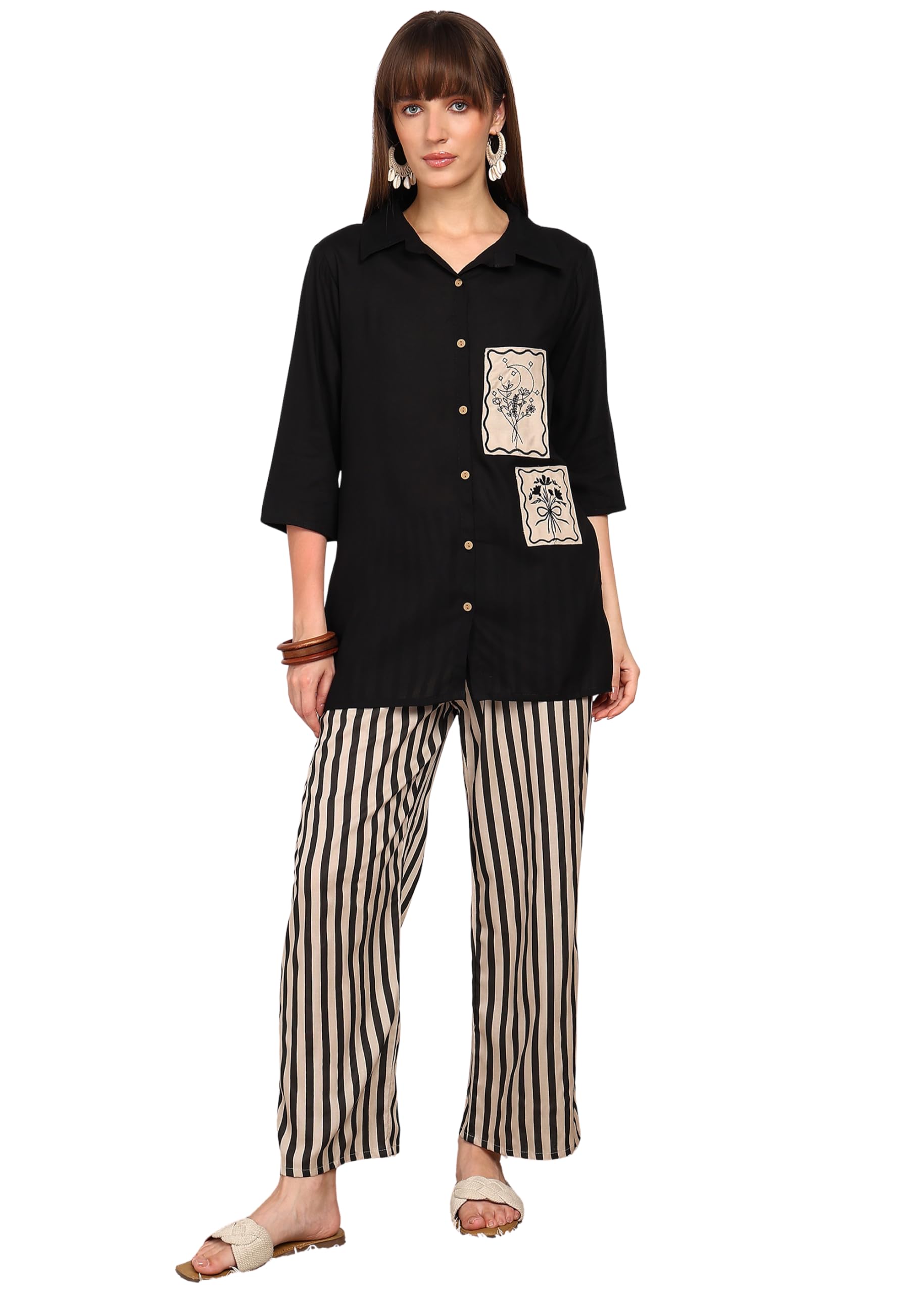 Women’s Black Shirt & Striped Pant Co-ord Set Viscose Rayon | Full Button-Down | Everyday Urban Casual-image-20
