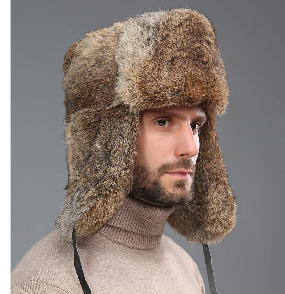 Men Genuine Rabbit Hair Russian Ushanka Winter Hats Trapper Hat Ear Flaps Natural Brown