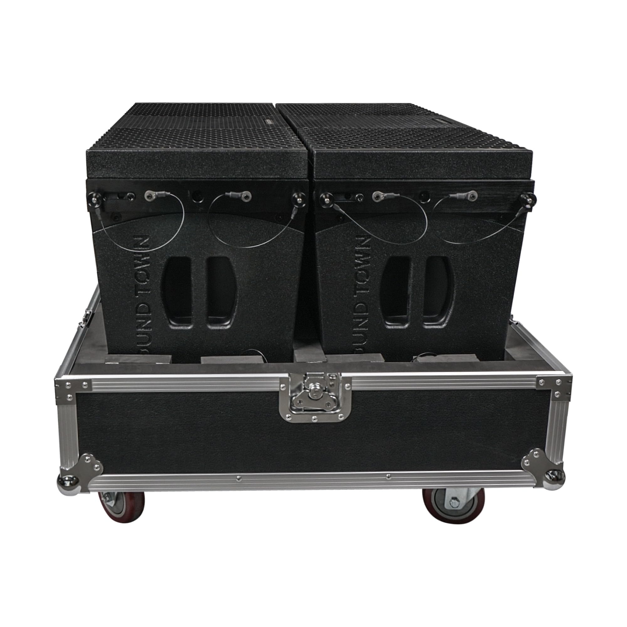 Sound Town ZETHUS Pair of Dual 10-inch Powered Line Array Speaker System with Flight Case, Black (Z210BPWX2-IFC)
