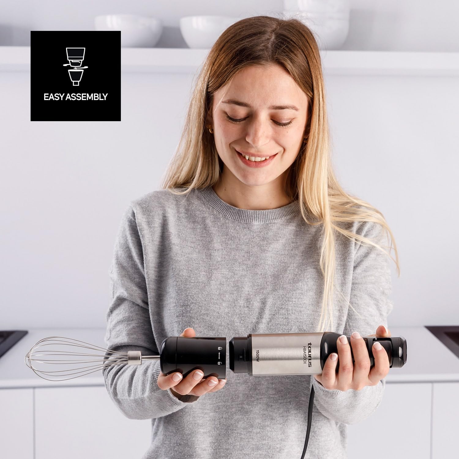 Taurus - Batidora de mano | 1500W Potencia | Regulador de 20 velocidades ajustable | Función Turbo | Cuchillas de acero inoxidable | Pica hielo | Diseño ergonómico | Vaso medidor 700 ml | Inox